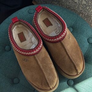 UGG Tan Suede Mules with Red Accents